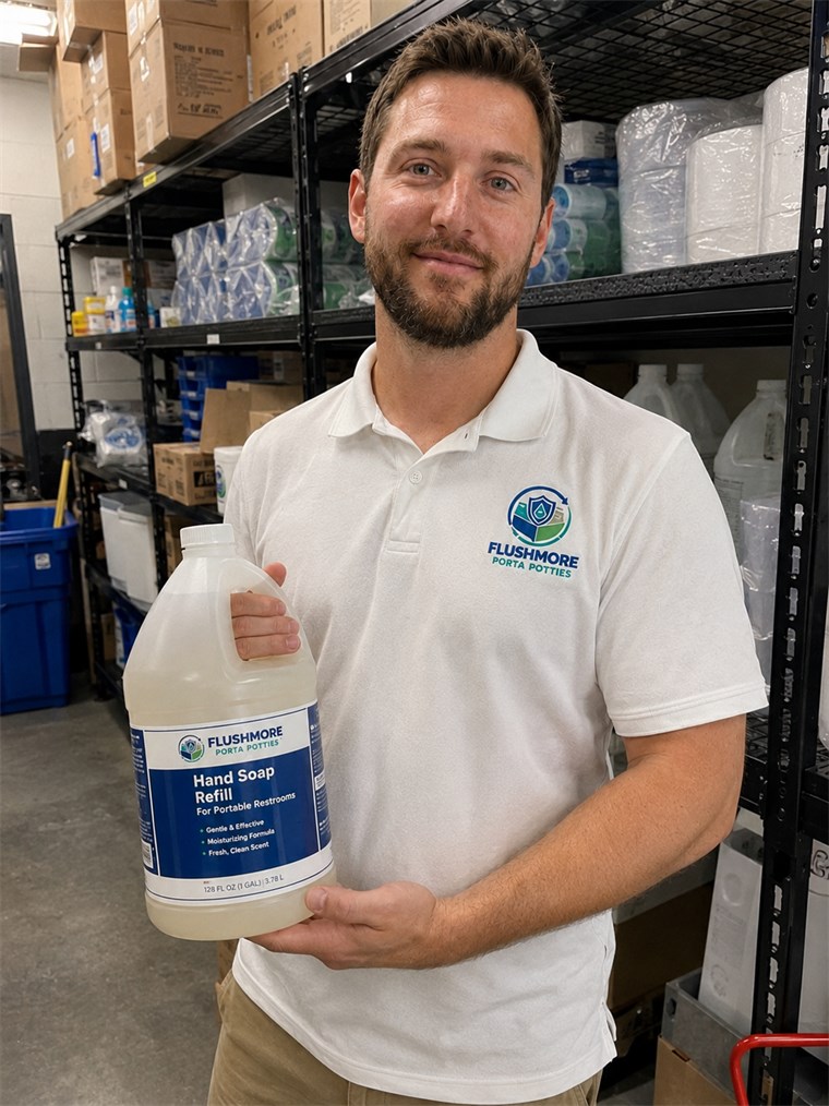 Flushmore team member in a branded polo holding a gallon hand soap refill