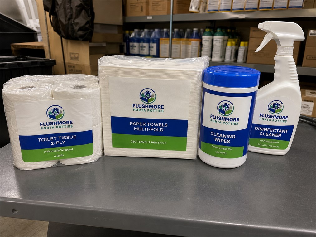 Toilet tissue, multi-fold paper towels, cleaning wipes and disinfectant cleaner in Flushmore packaging