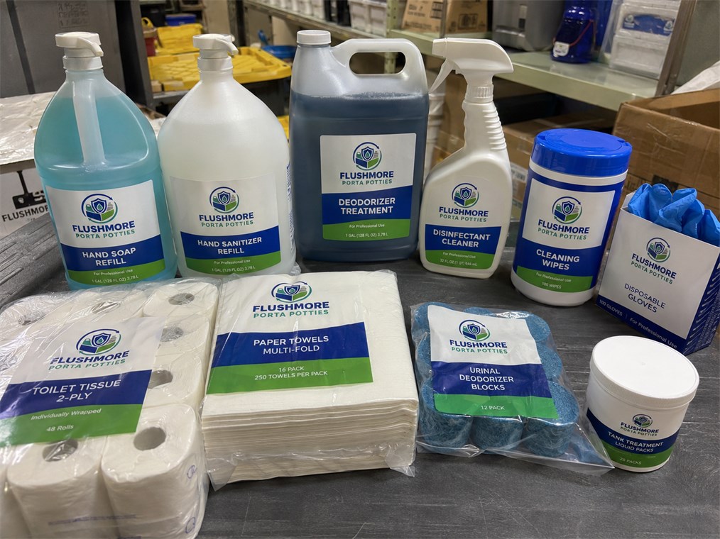 The full Flushmore range: hand soap and sanitizer refills, deodorizer, disinfectant cleaner, wipes, gloves, toilet tissue, paper towels, urinal blocks and tank treatment